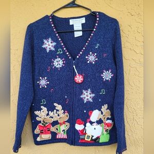 Vintag Christmas Sweater Tiara International Santa/Rudolph Front Zip Mediu Blue